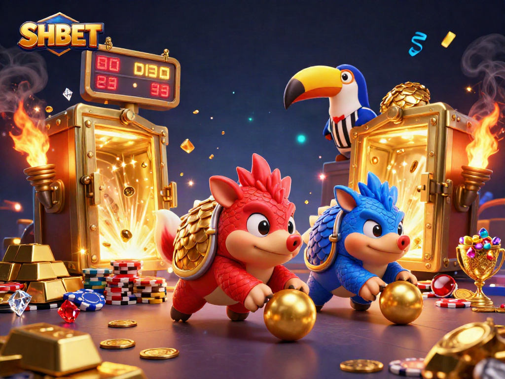 Experience SHBET’s lively casino scene with rival pangolins bowling into golden poker chips.