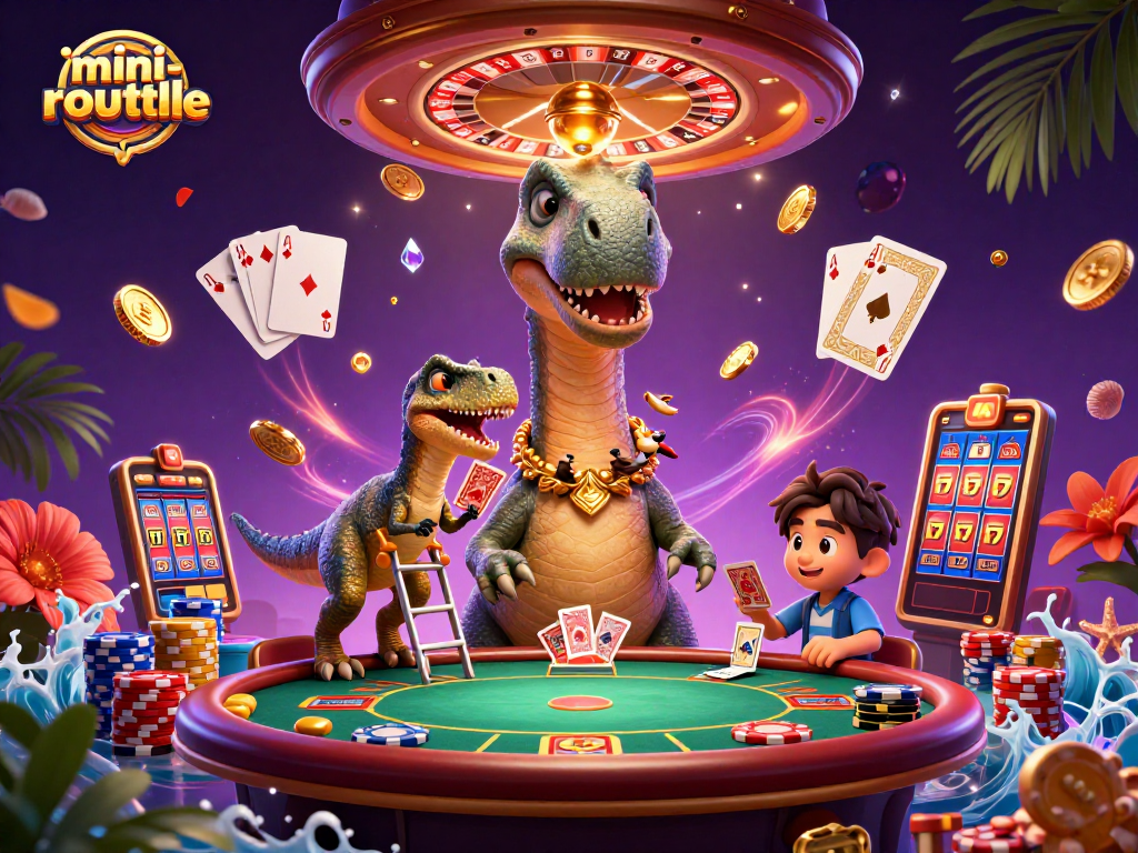 Experience mini-roulette with a giant playful brontosaurus in a vibrant casino setting