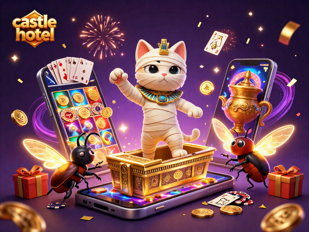 castlehotel offers an exciting online gaming experience with a vibrant 3D illustration of casino adventures.