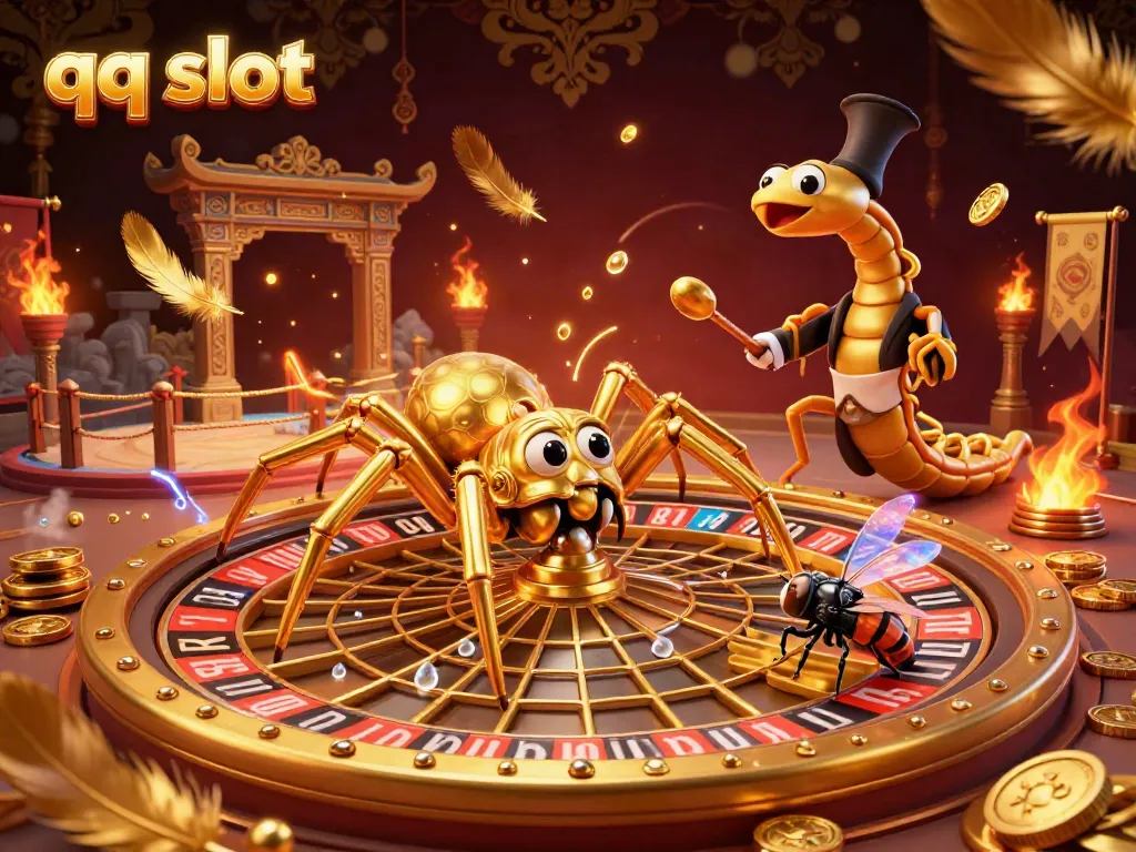 Engage in the thrill of qq slot gaming with a captivating 3D illustration depicting a spider and croupier in a dynamic casino scene.