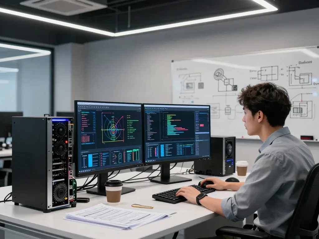 Engineer analyzing GPU computing data in a modern tech workspace
