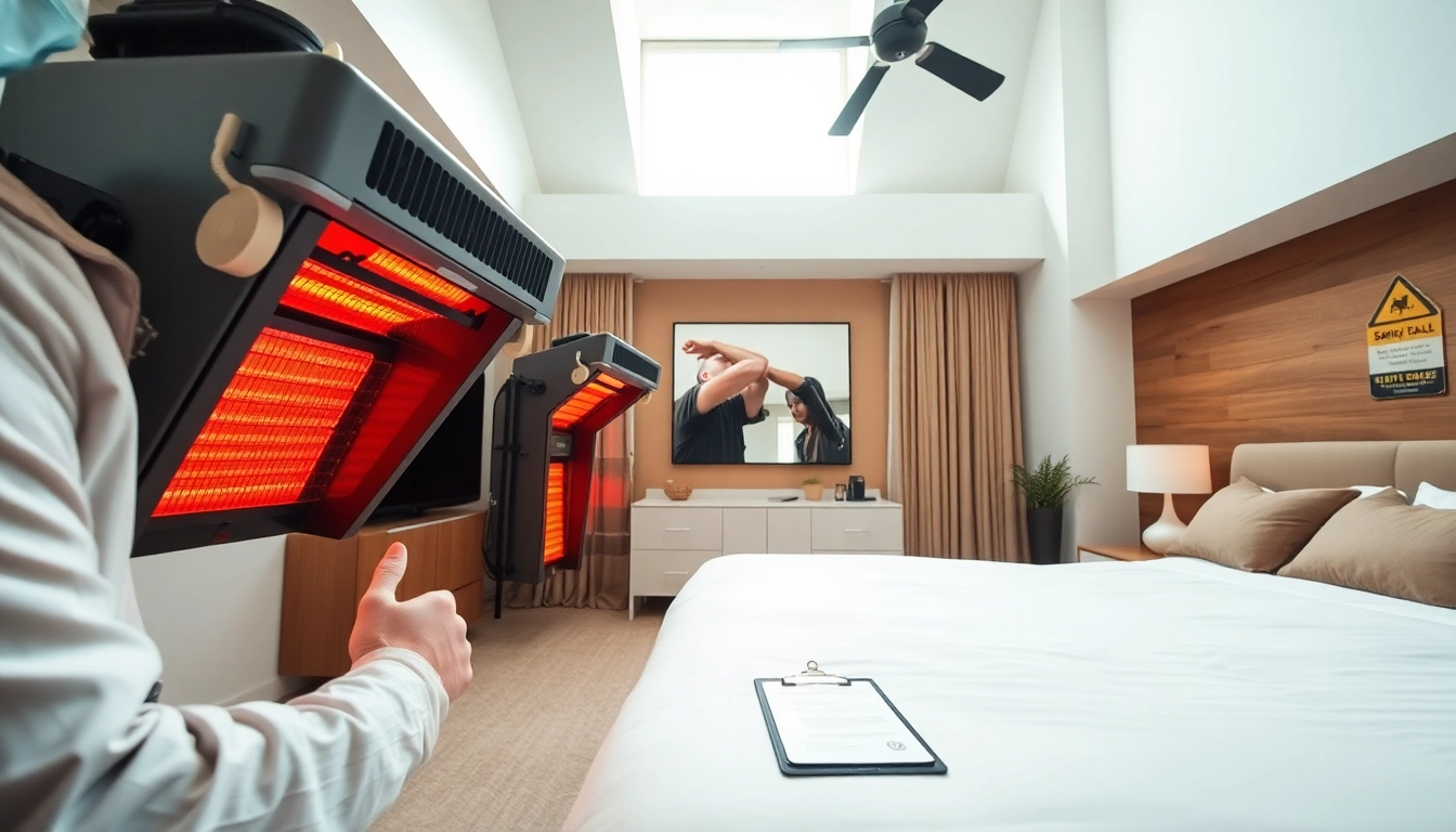 Bed bug heat treatment technician adjusting equipment in a bright, clean bedroom setting.