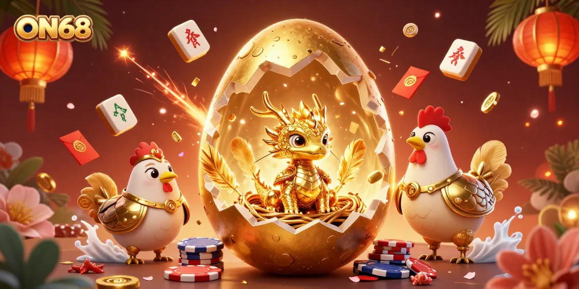 Experience epic wins with ON68's vibrant casino scene featuring a golden dragon and poker chips.