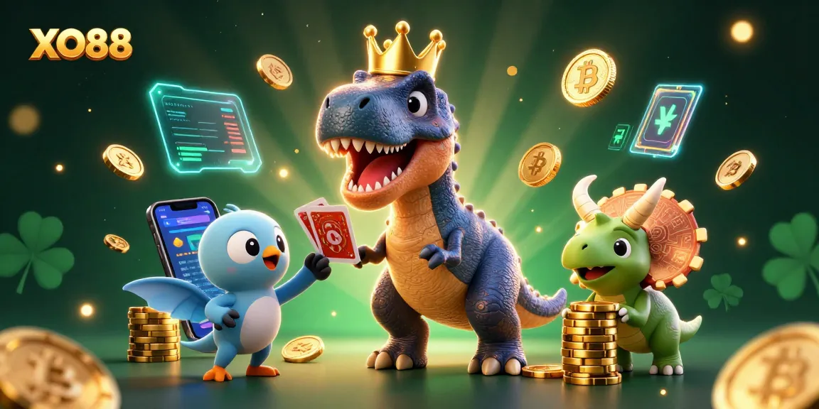 Experience the thrill of XO88 with cartoon characters playing cards and stacking chips in a vibrant casino scene.