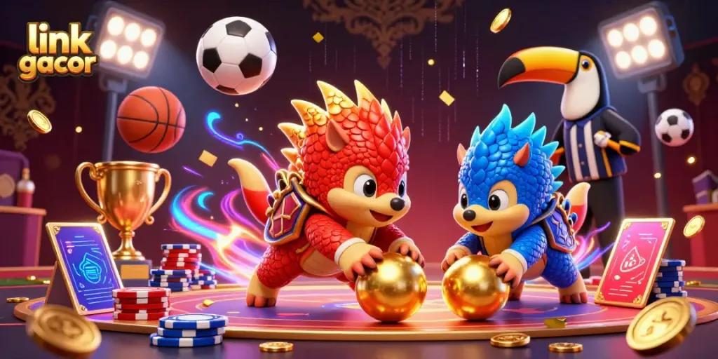 Engage with vibrant gameplay featuring link gacor, dynamic pangolins, and flying betting slips in a lively casino atmosphere.