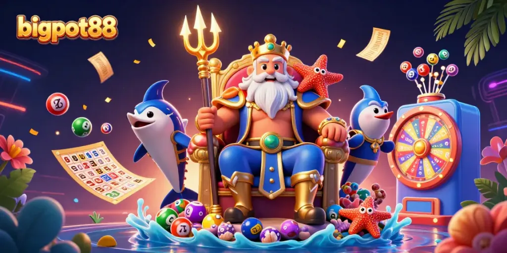 Bigpot88 menyajikan ilustrasi kasino menggoda dengan tema lotere yang penuh warna.