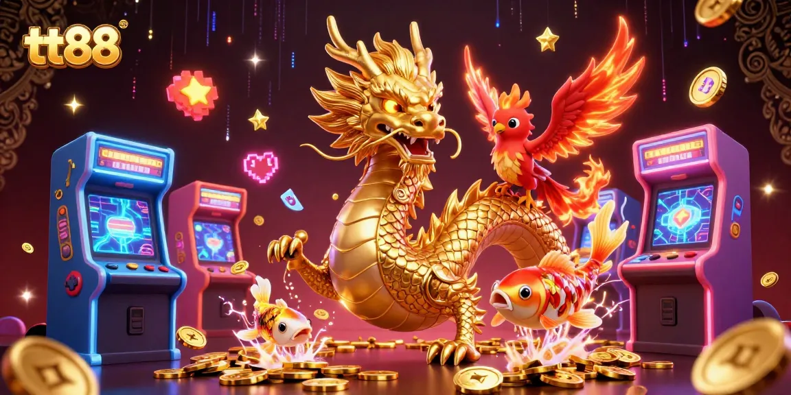 Engage with tt88, a mystical scene featuring a golden dragon and phoenix amidst a vibrant casino backdrop.