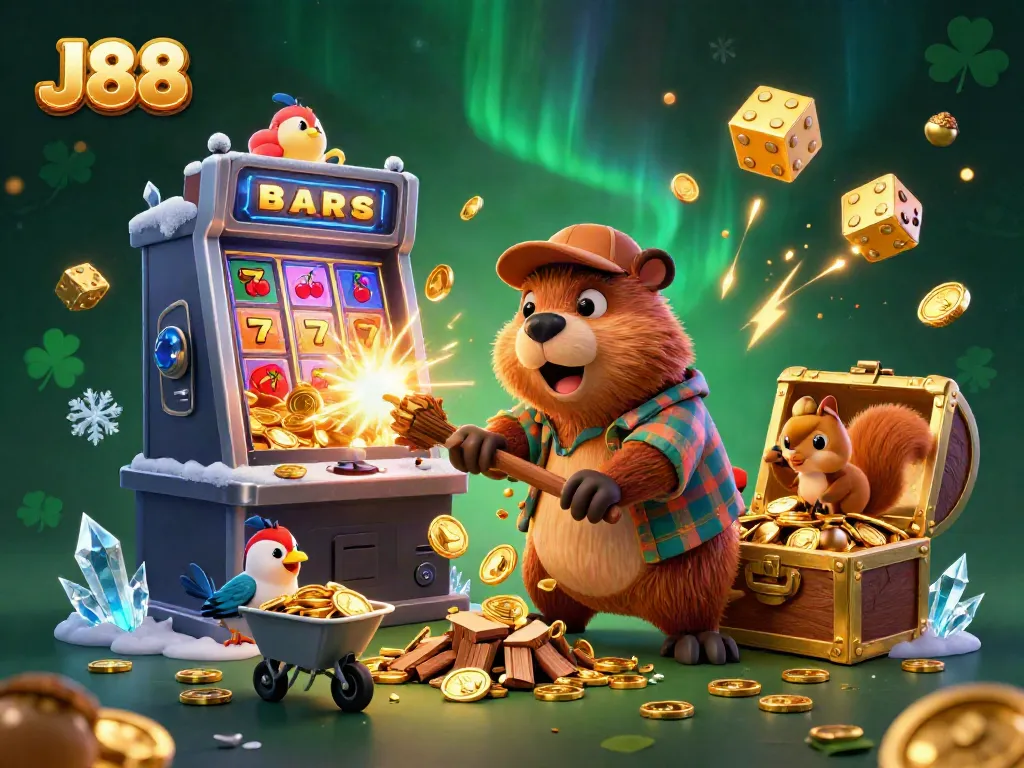 Experience thrilling casino action with J88, where a lumberjack beaver collects golden coins amidst festive slot machine chaos.