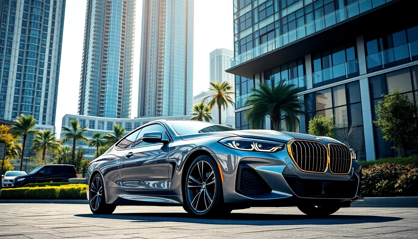 Luxury BMW car showcased in a refined urban environment with modern architecture.