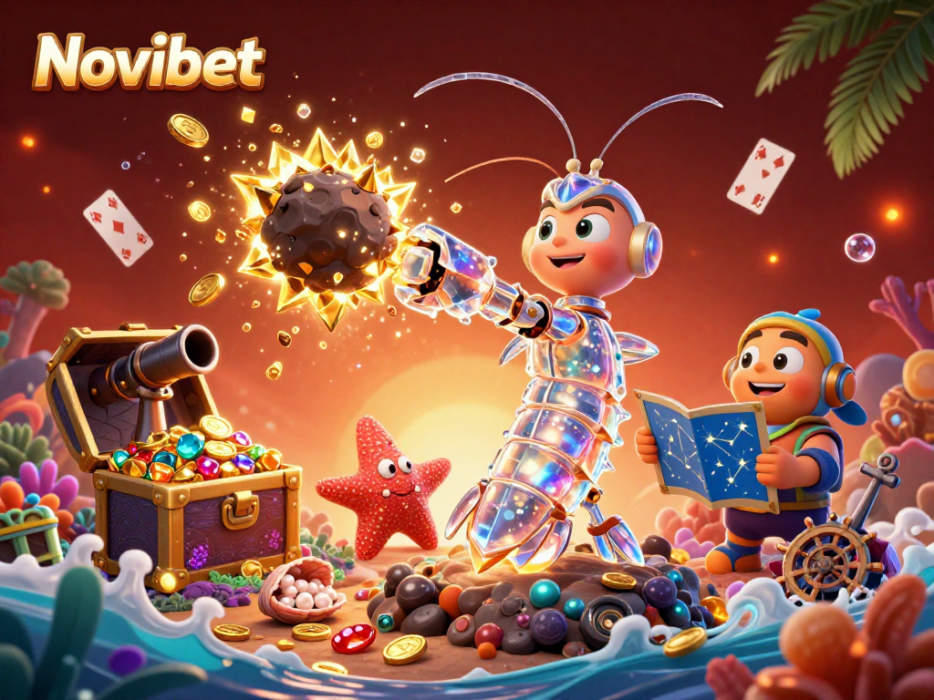 Experience the thrill of Novibet with a vibrant underwater casino scene featuring a galactic mantis shrimp and treasure.