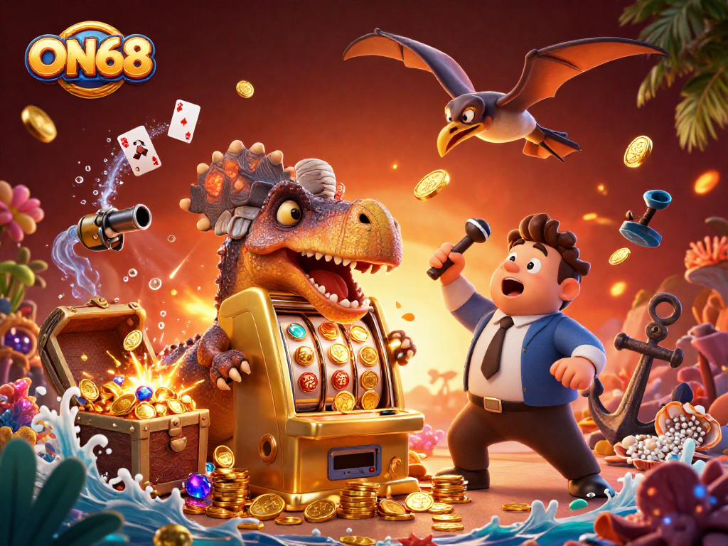 Experience the exciting action at ON68 with a dinosaur-themed casino illustration showcasing a jackpot celebration.