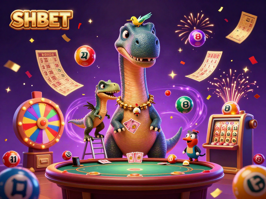 SHBET brings excitement with a lively 3D casino scene filled with colorful games and celebrating characters.