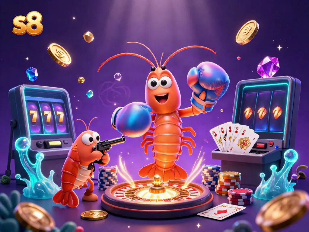 Join the action with S8, featuring a mantis shrimp and friends celebrating gambling wins in a vibrant casino setting.