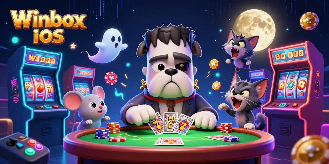 Join the fun with Winbox iOS in a vibrant 3D casino scene featuring engaging characters and slot games.