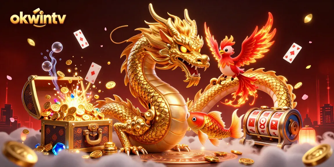 Experience the thrill of okwintv with a vibrant 3D illustration of a dragon, phoenix, and koi amid casino elements.