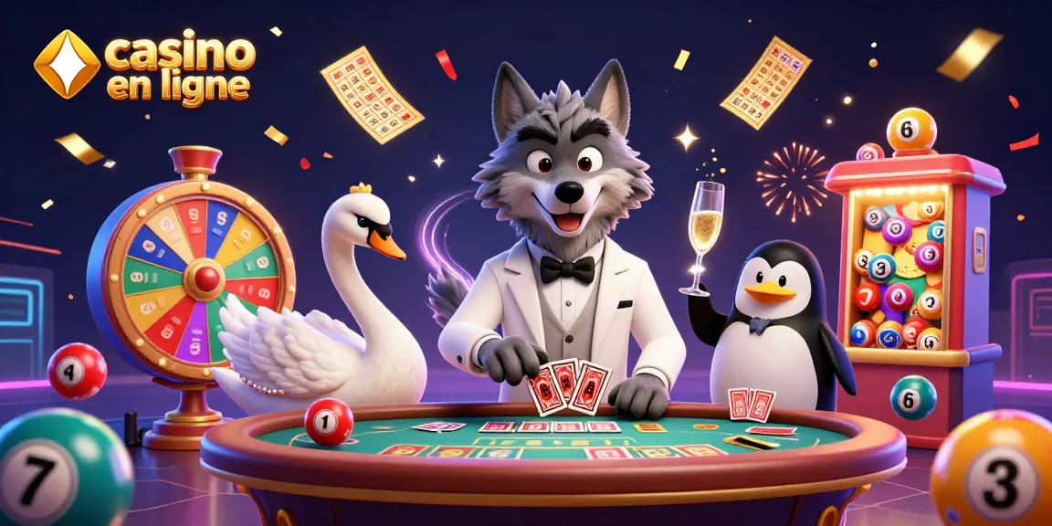 Vivez l'excitation du casino en ligne avec un loup élégant et un cygne, le tout entouré de jeux animés.
