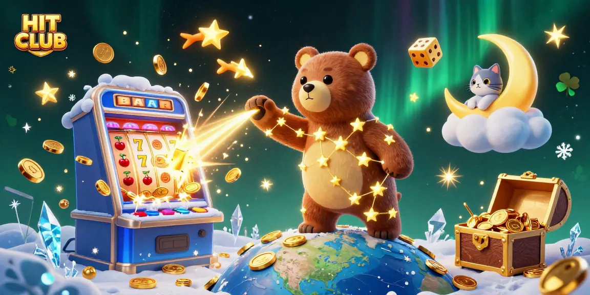 HIT CLUB showcases a vibrant 3D casino world with a constellation bear and jackpot excitement.