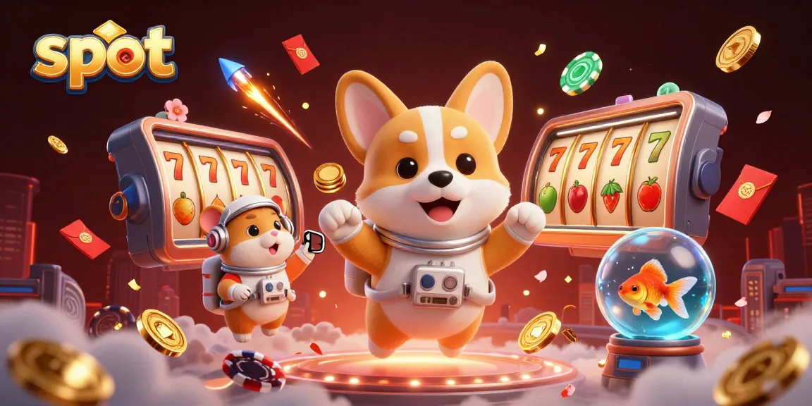 Spin the slot reels with vibrant visuals in this lively casino scene featuring a floating corgi