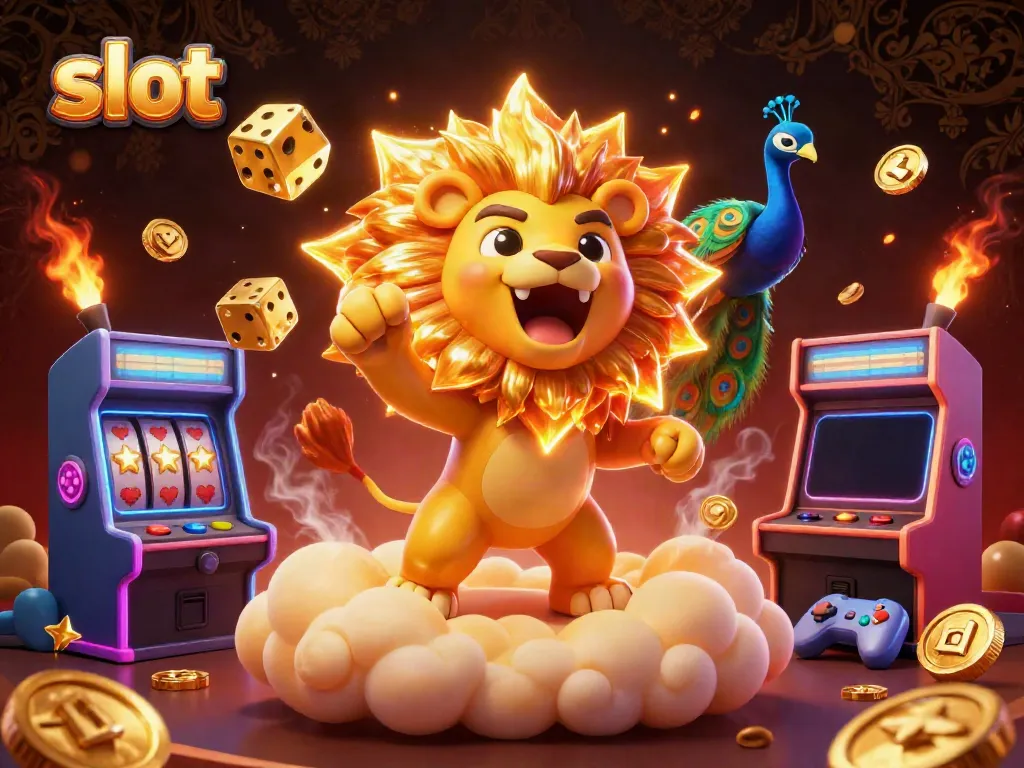 Experience thrilling slot adventures with a triumphant lion, colorful game elements, and golden symbols
