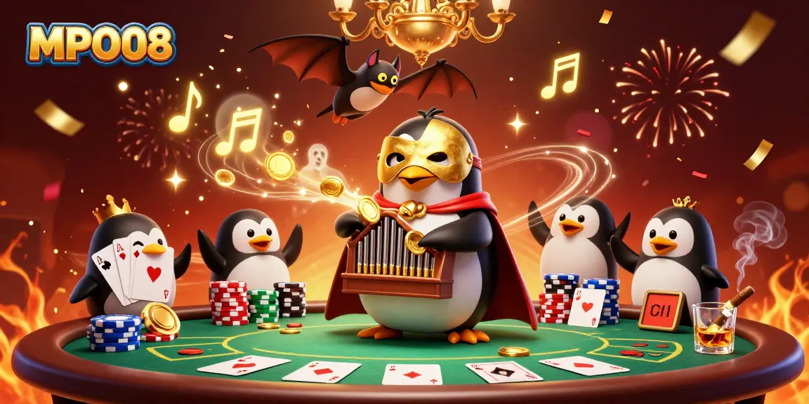 MPO08 draws players to exciting treasures with a lively penguin playing an organ of golden coins in a bustling casino.