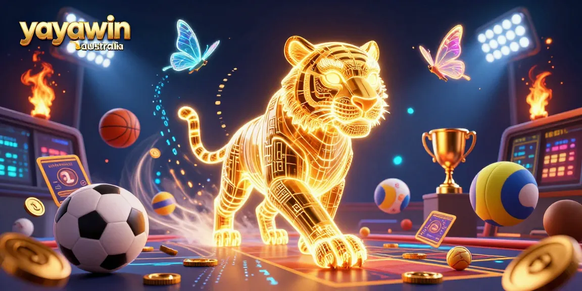 Experience gaming excitement at yayawin australia with a vibrant digital casino atmosphere showcasing a glowing tiger and sports elements.
