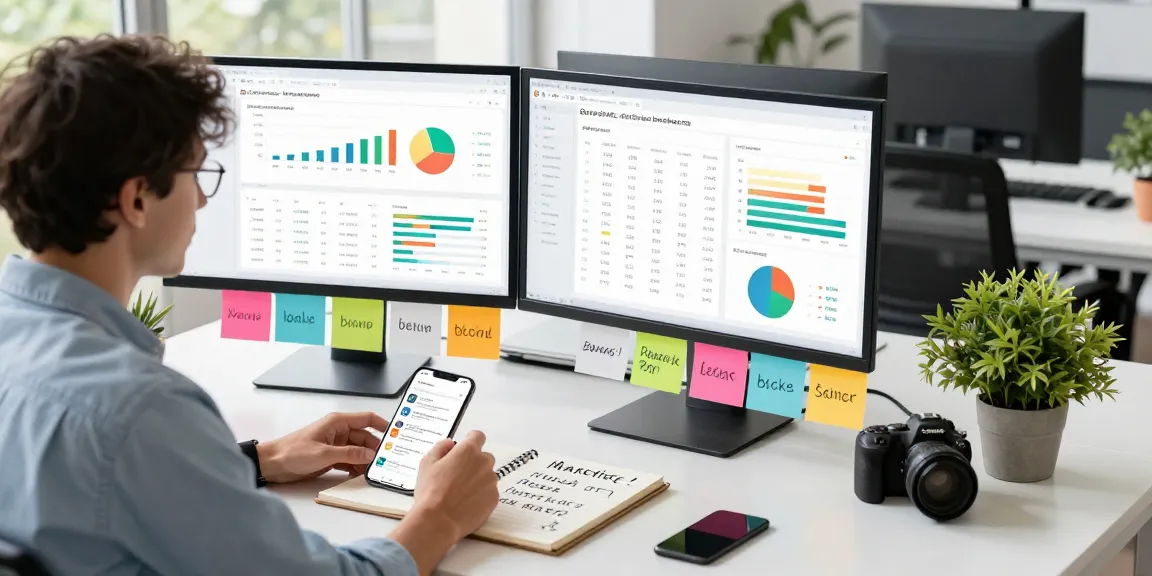 Purchase app downloads with an app marketing expert analyzing keyword ranking data in a vibrant office environment.