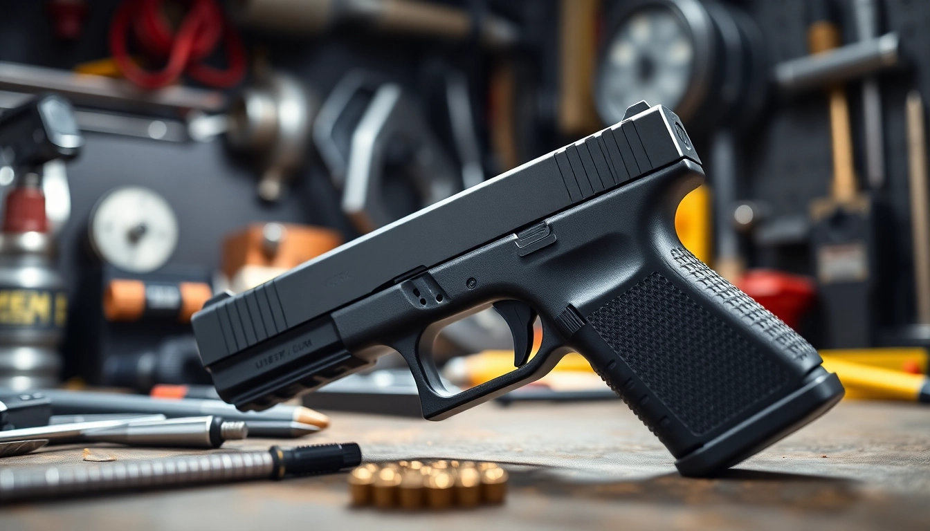 Showcase the glock 17 slide oem emphasizing its detailed craftsmanship in a professional setting.