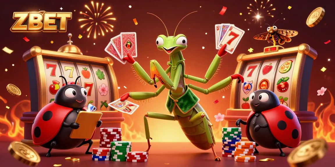 ZBET showcases a lively casino scene with a giant praying mantis dealing cards and a ladybug pit boss, celebrating wins.