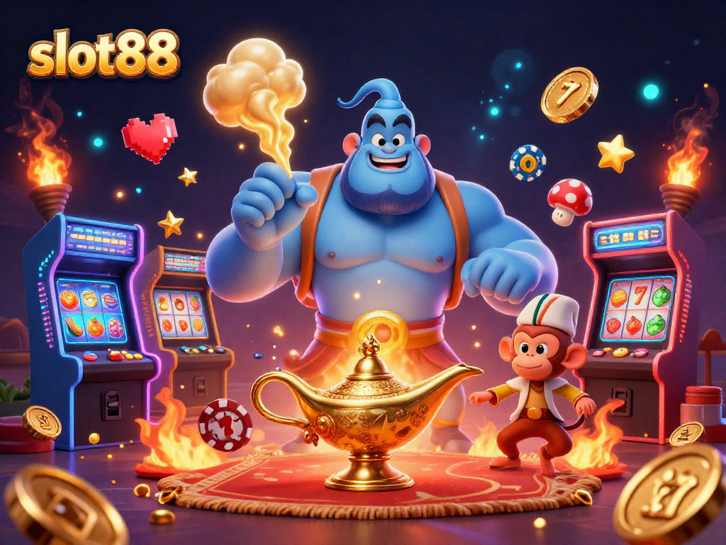 Engage with the excitement of slot88, featuring iconic symbols, a genie, and a vibrant casino atmosphere.