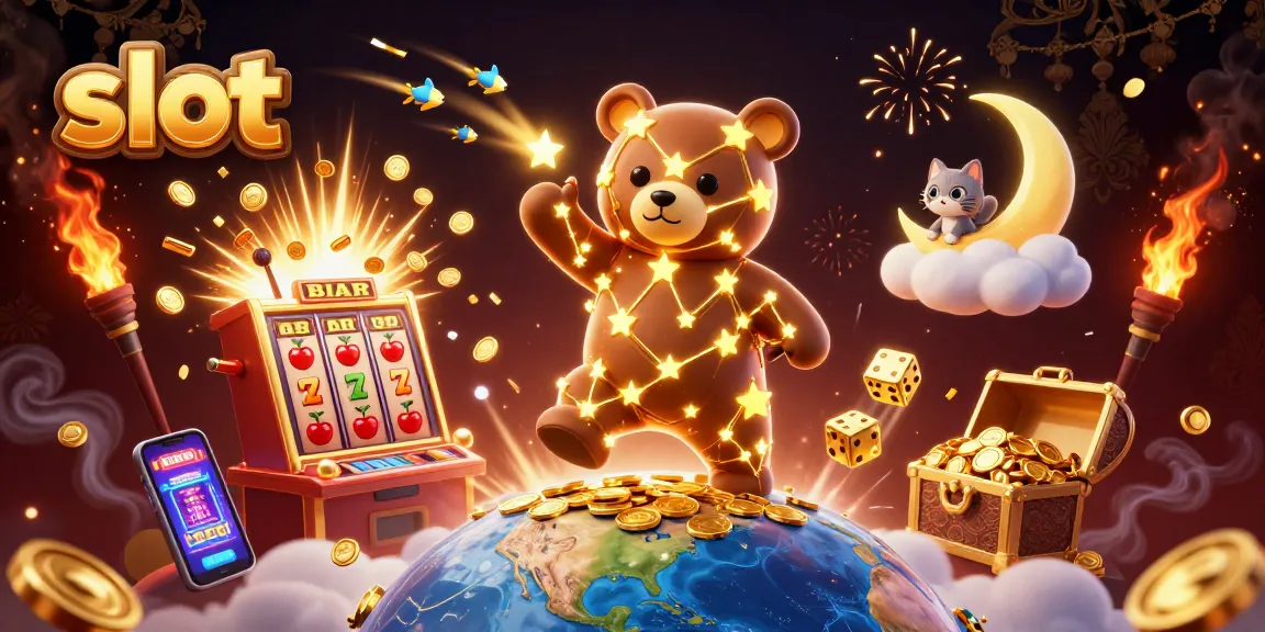 Slot permainan menampilkan beruang konstelasi mengumpulkan koin dengan mesin slot di sekelilingnya.