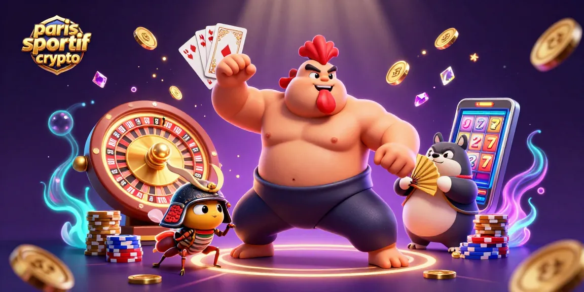 Placer des paris sportifs crypto avec des personnages colorés, des pièces dorées et une ambiance de casino dynamique.