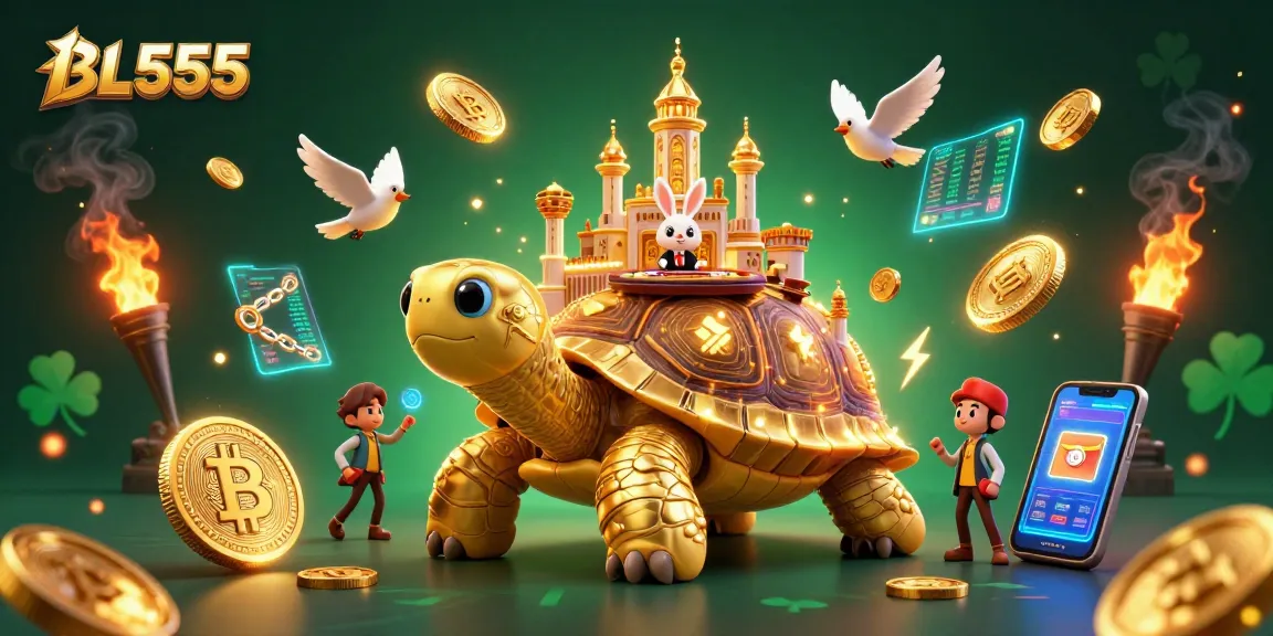 Spin to win with BL555's vibrant casino scene showcasing golden tortoise and lively gaming atmosphere.