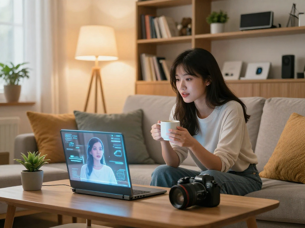Engaging conversation with an AI girlfriend in a warm living room