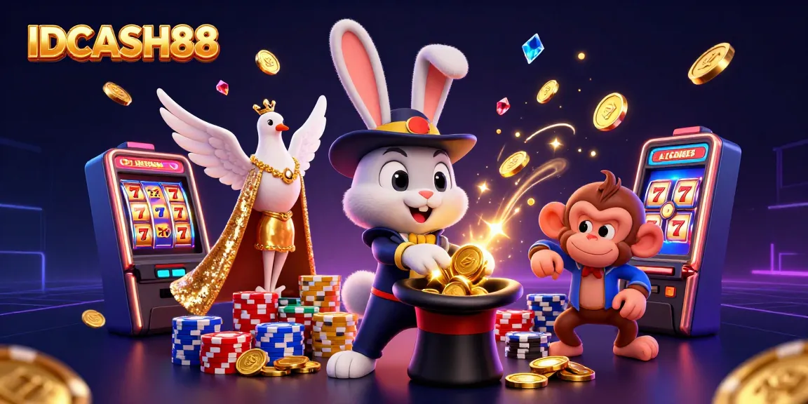 IDCASH88 captures the excitement of online slots with animated characters and vibrant casino elements.