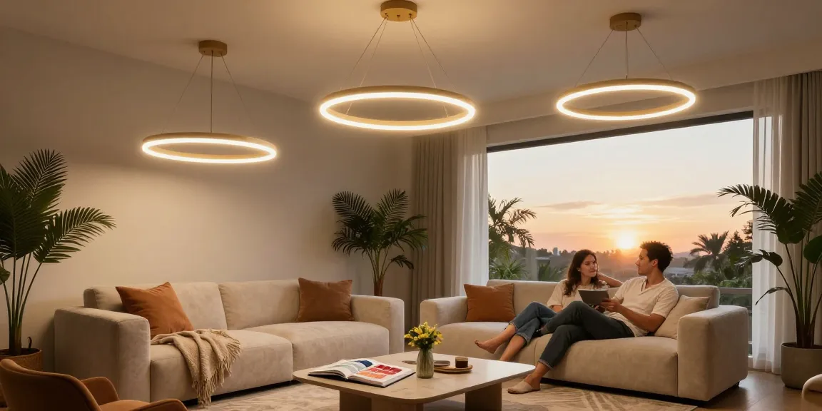 Lustra LED oferind iluminare modernă unui living elegant cu un aer primitor și contemporan