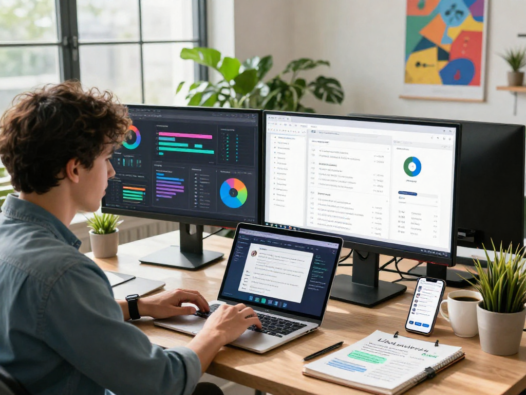 Purchase app downloads in a modern workspace with digital marketing analytics and creative environment.