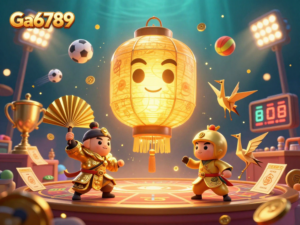 Promote Ga6789 with a vibrant 3D rendering of a casino scene filled with characters and lively gambling elements.