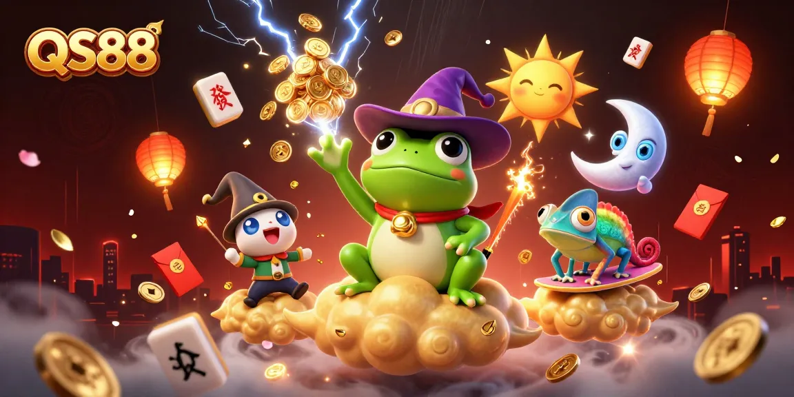 Experience the thrill of winning at QS88 amid golden coins and dynamic characters in this vibrant casino illustration.