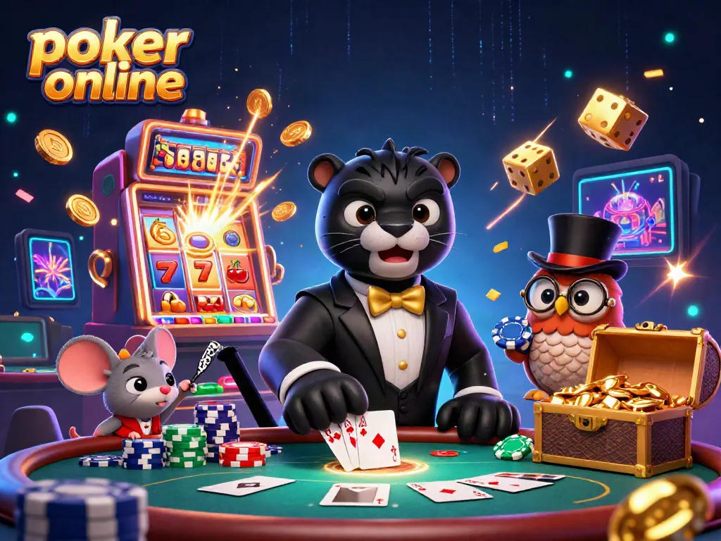 Play poker online in an exciting scene with colorful chips, cards, and jackpot rewards.