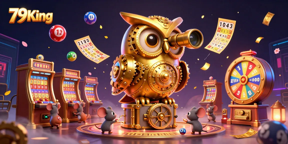 Engage with 79King in a vibrant 3D casino scene featuring a golden owl and lively game elements.