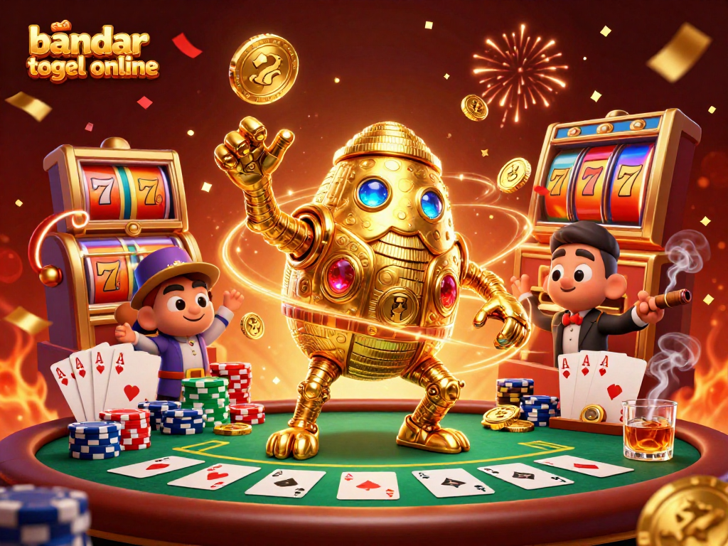Experience the excitement of bandar togel online with vibrant slot reels and a dynamic golden golem.
