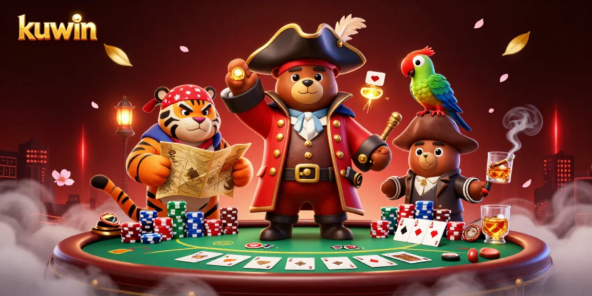 Kuwin's vibrant online casino experience featuring a bear captain, tiger mate, poker essentials.