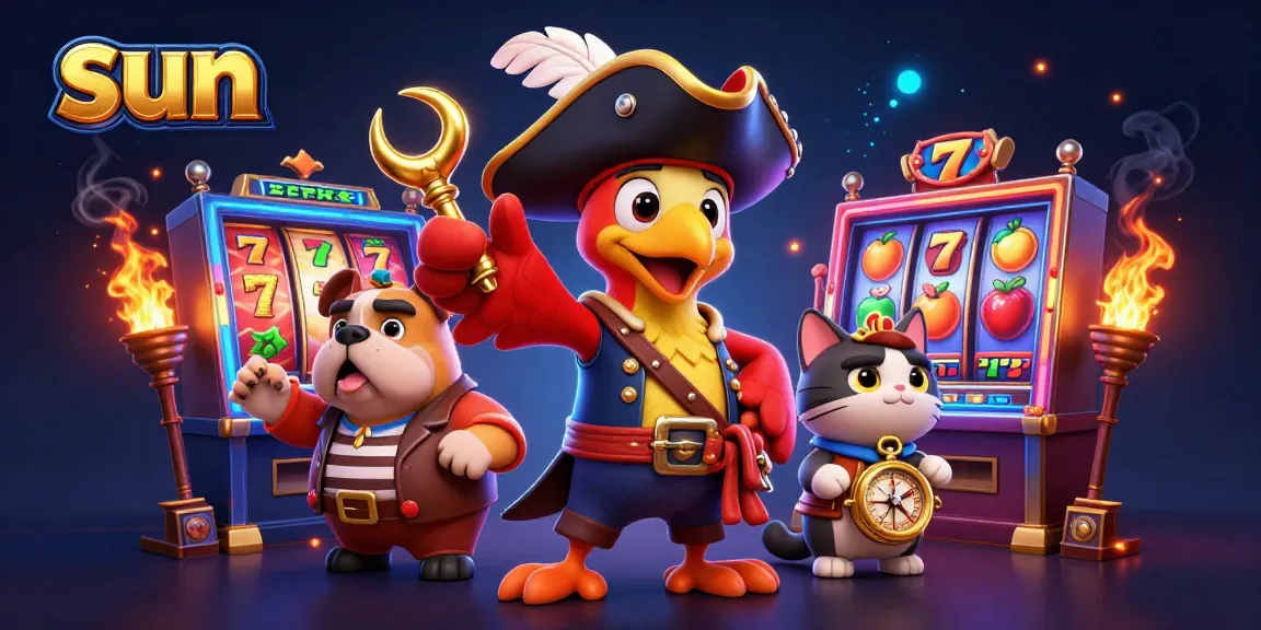 Spin to win with the sun-themed pirate adventure showcasing vibrant slot machines and playful characters.
