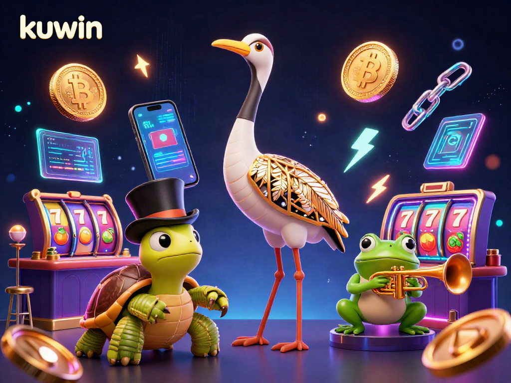 kuwin illustrates a vibrant casino scene with Bitcoin coins, slot reels, and colorful characters.