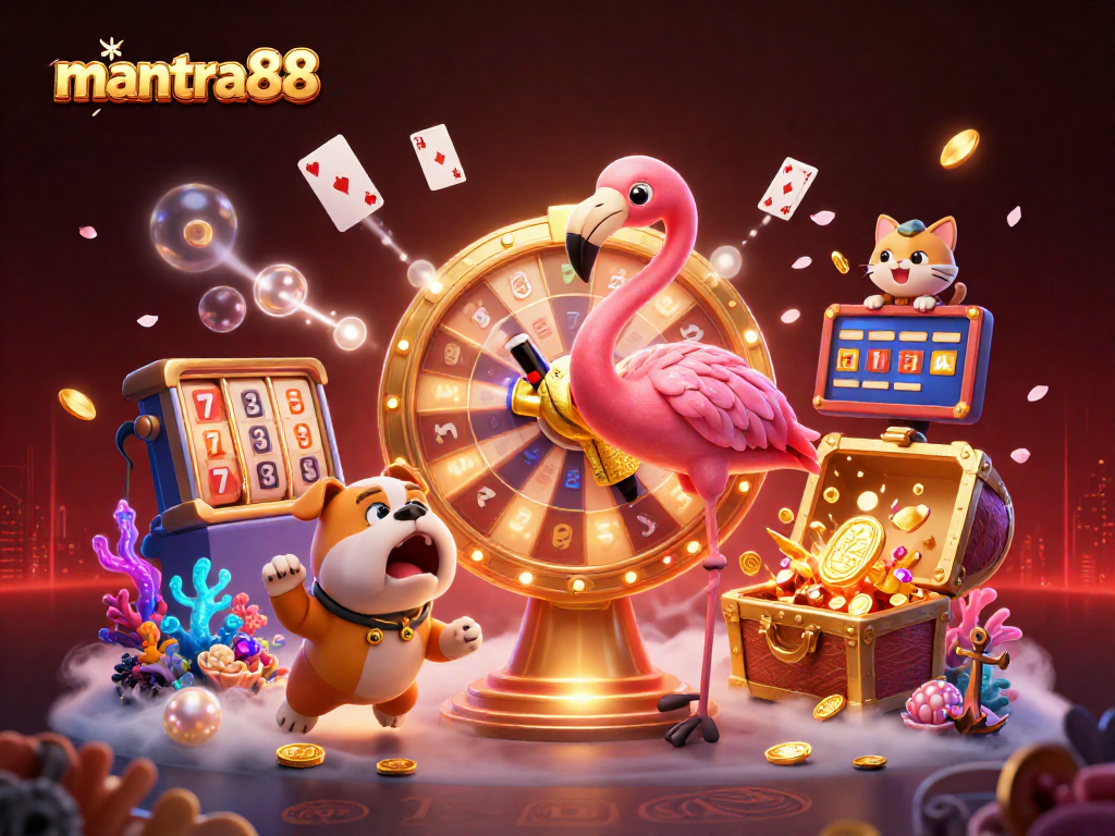 Engage with mantra88's exciting gameplay as a flamingo host spins the prize wheel, surrounded by treasures.