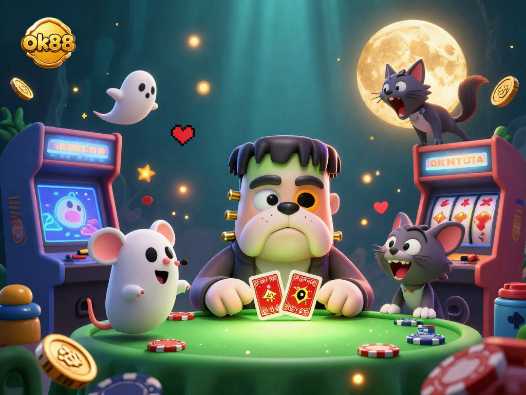 Engage in thrilling games at ok88 with a vibrant 3D casino scene featuring colorful characters and gaming elements.