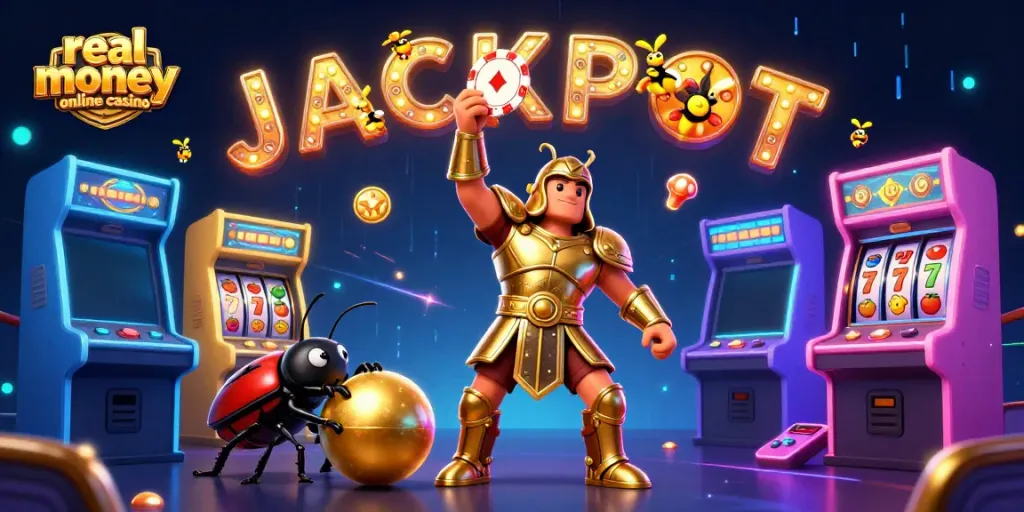 Celebrate wins at a vibrant real money online casino with animated characters and gaming elements.