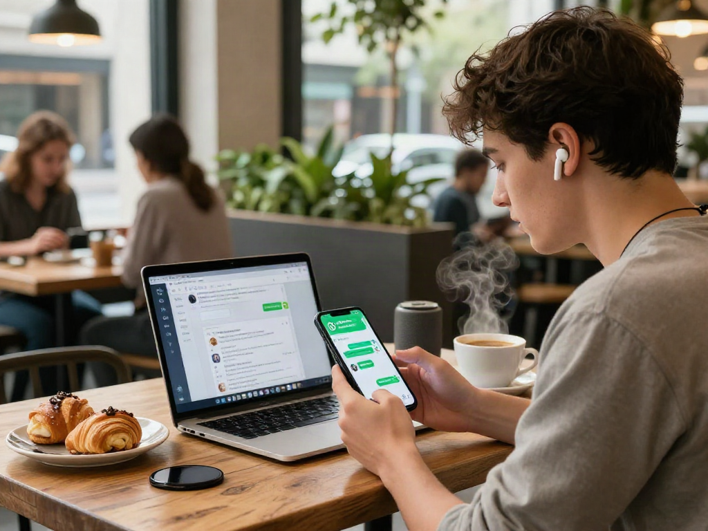 Engaged user exploring the gb whatsapp apk interface in a vibrant cafe setting.