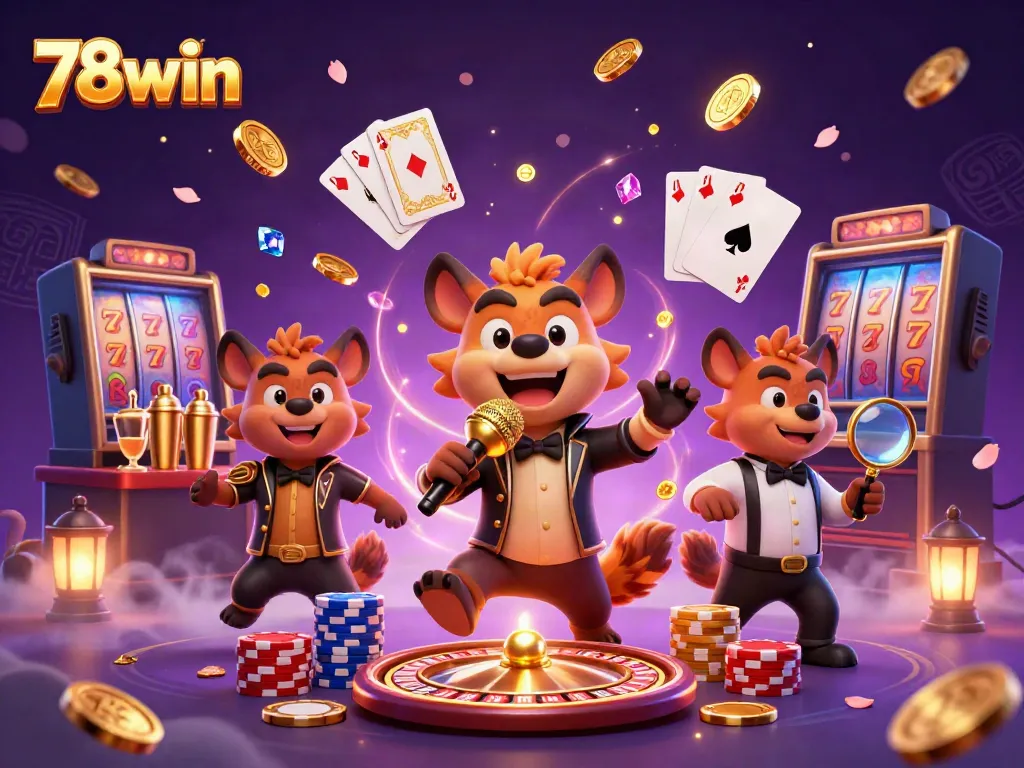 Engage with the vibrant casino scene featuring 78win hyenas in dynamic actions and jackpot elements.