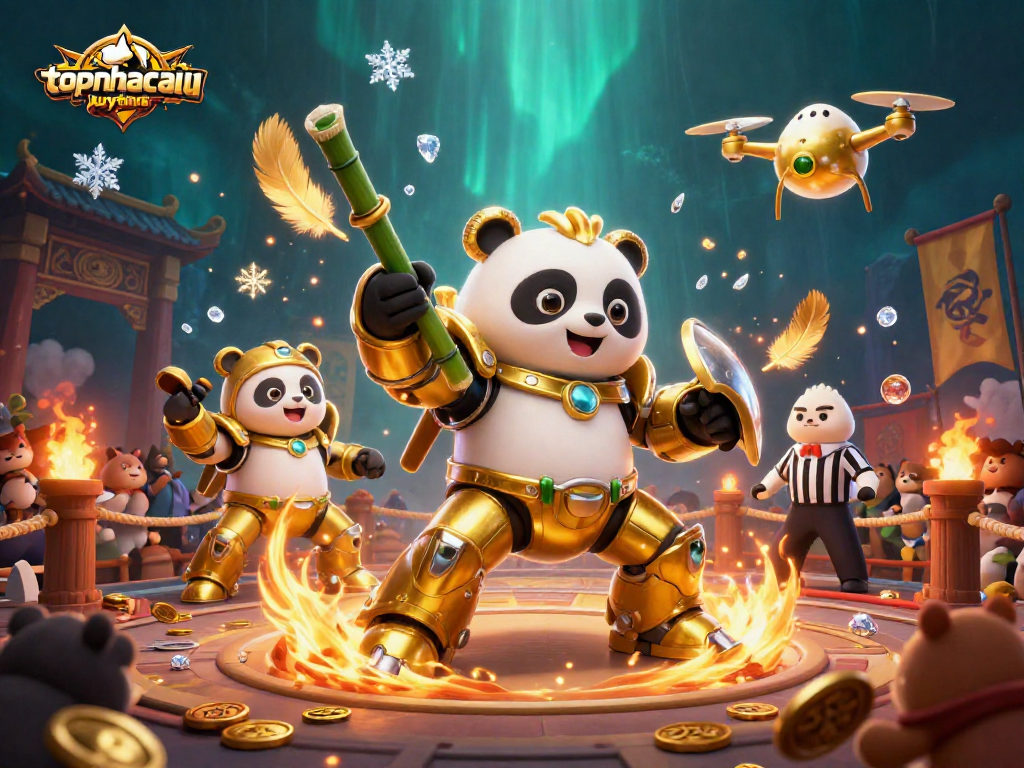 Engage in thrilling lucky dice gameplay with topnhacaiuytinn in a vibrant, illustrated casino arena scene.